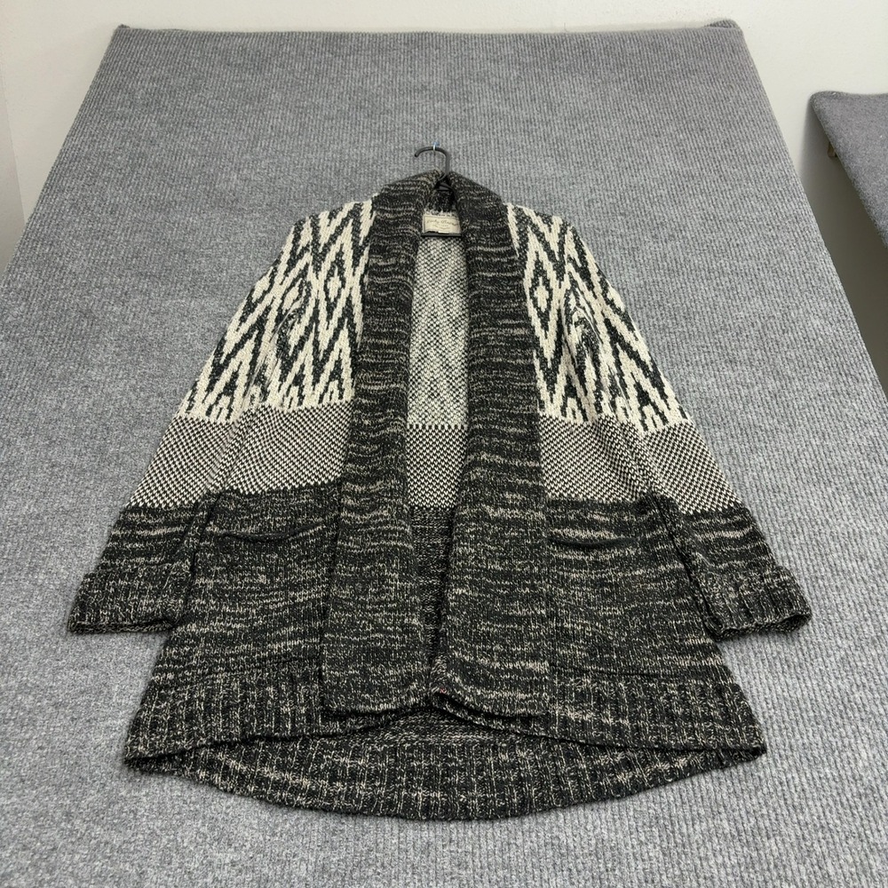 Lucky Brand Cardigan Women L Black Cotton Wool Geometric Open Front Boho Sweater